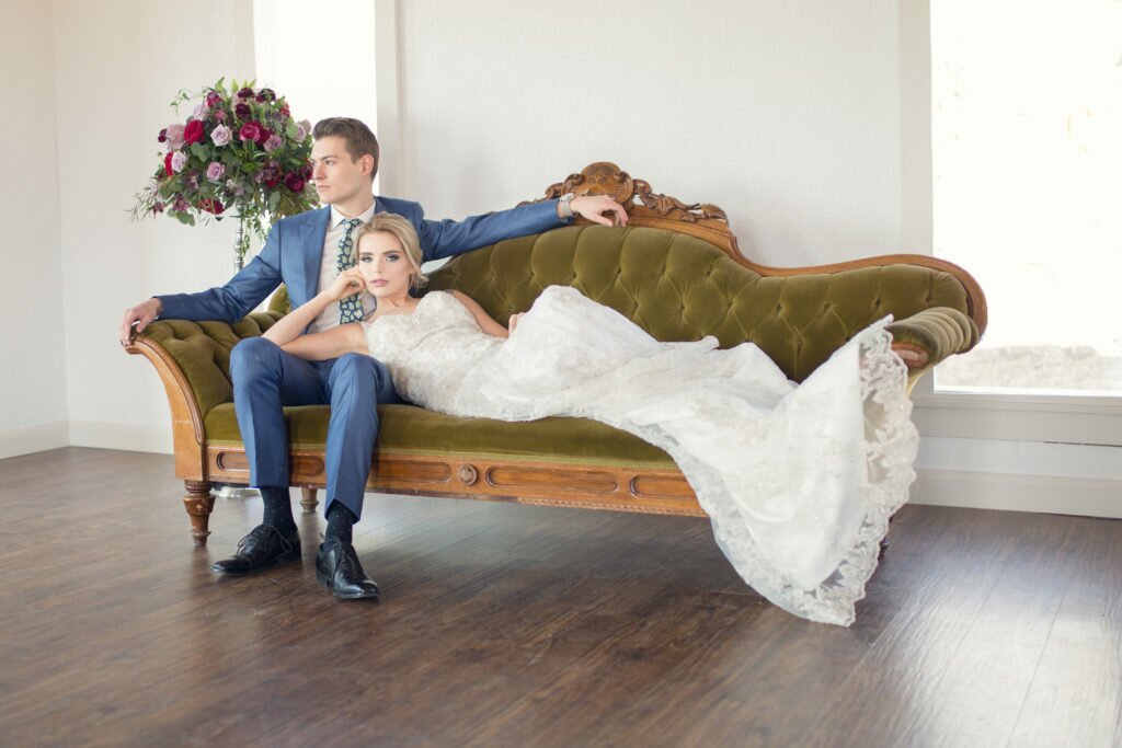 Bride on vintage sofa